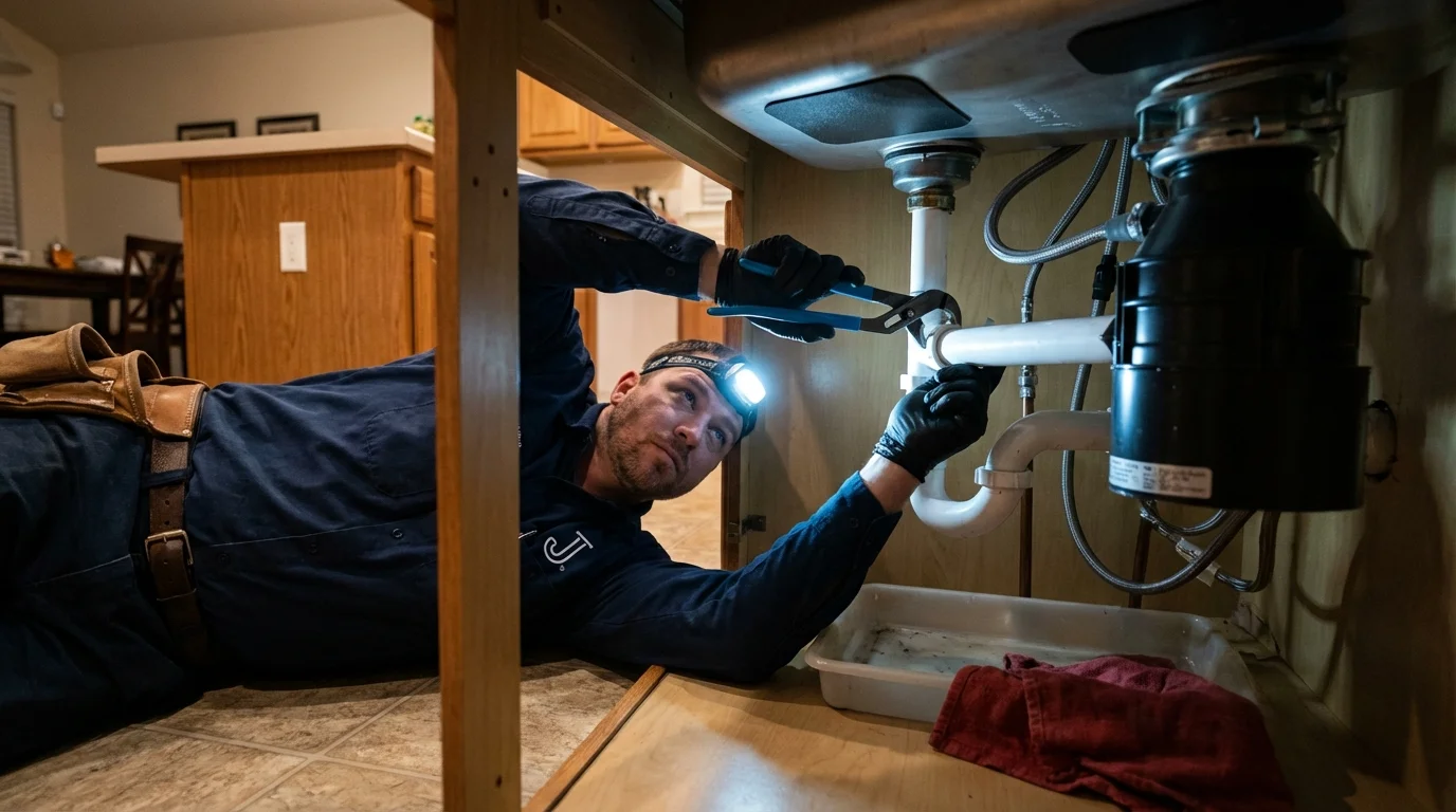 P-trap and supply line connections under a kitchen sink showing a common leak point in Norfolk, VA